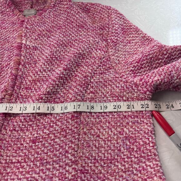 Textured Tweed Cardigan Chicos 2 (L/12) Fringed Blazer Jacket Elle Woods Pink - Picture 6 of 12